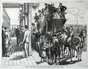 Stagecoach Prints: Woodcut; Stagecoach Arriving @ Hotel