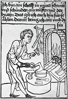Blacksmith Prints: Woodcut; Weapon-Smith At Work
