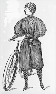 Bloomers Prints: Woodcut; Woman With Bicycle; Bloomers