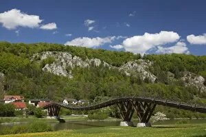 Wooden Bridge Tatzelwurm in Essing, Altmuehltal valley, Bavaria, Germany, Europe