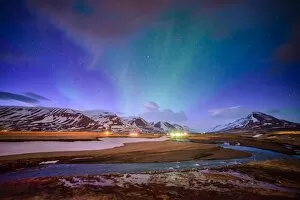 Scandinavian Culture Gallery: Wooden house on the background of the aurora in winter, Iceland