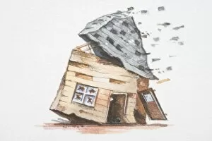Wooden hut tilted up in the air by strong wind with roof tiles flying off and door blowing away, front view