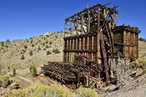 Wooden mining ruins in the historic silver mining town of Pioche, Nevada, USA, North America, PublicGround