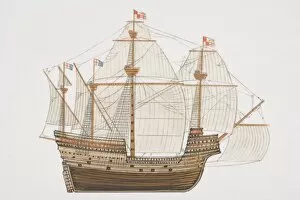 Images Dated 17th July 2006: Wooden ship with multiple sails and flags flying on masts