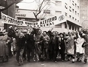 Peronist Prints: Workers Carry Banner and March in Street