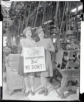 Bridgeport Prints: Workers Holding Sign in Plant