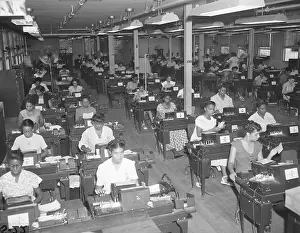 Typing Prints: Workers In Large Room Typing, Making Card