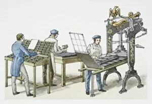 Workers printing using large metal presses, front view