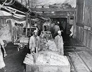 Mine Prints: Workers with Railroad Carts Inside Goldmine