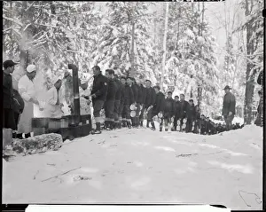 New Hampshire Prints: Workers Standing in Line in Forest