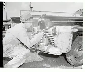 Honolulu Prints: Workman Spraying Auto with Black Paint