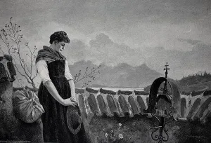 Coastlines Prints: In the world now alone, mourning woman stands in the cemetery in front of the grave of her deceased man
