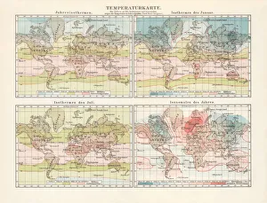Images Dated 10th October 2018: World maps with isothermal lines, last quarter of the 19th century