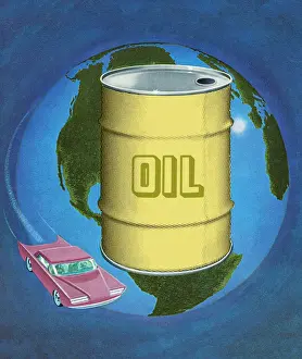 Gasoline Prints: World With Oil Barrel and Car
