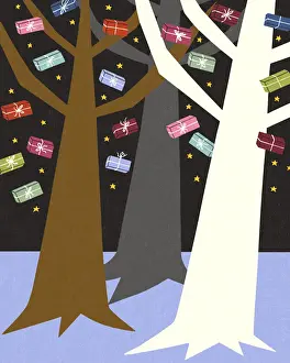 Large Group Of Obj Prints: Wrapped Gifts Hanging From Tree