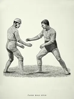 Two wrestlers, Wrestling move, catch hold style, Victorian combat sports, 19th Century