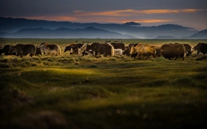Images Dated 29th June 2012: Yaks marching over grass field