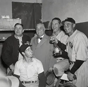 Yankee Stars Celebrating Series Victory with Manager and Owner