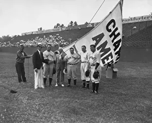 Joseph V Prints: Yankees Raising American League Championship Pennant