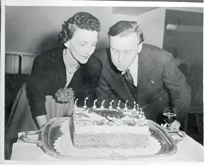 Yehudi Menuhin and Wife Near Candled Cake