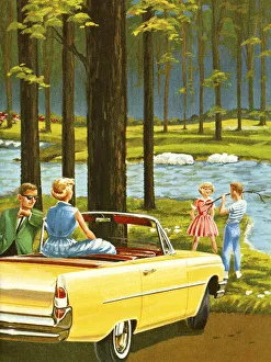 Leisure Time Collection: Yellow Convertible Parked by a Stream in the Woods