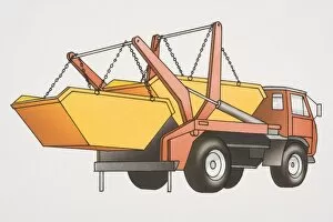 Images Dated 20th July 2006: Two yellow skips loaded onto red refuse truck, rear view