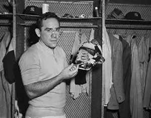 Yogi Berra Holding Catchers Mask
