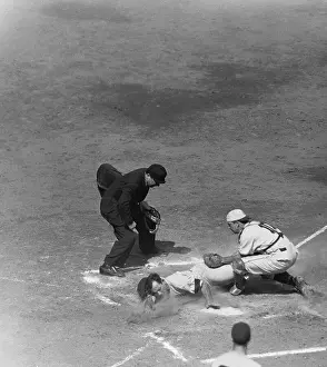 Art Passarella Prints: Yogi Berra Sliding Into Home Base