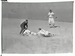 Yogi Berra Tagged Out at Second Base