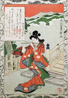 The Pierce Archive Prints: Youg Woman plays a flute by a bridge