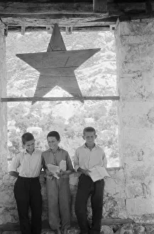Young Albanian Boys Posing Under Flag