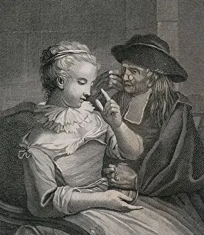 Artworks Prints: A young blind woman gives a sum of money to a clergyman while he looks through his glasses