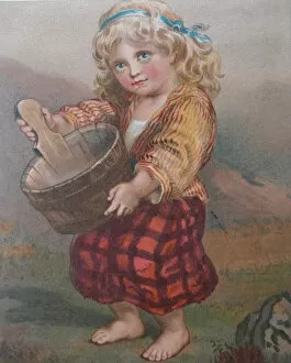 Images Dated 24th July 2017: Young blond girl carrying a wooden bucket