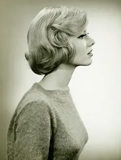 Wavy Hair Prints: Young blonde woman in studio, (B&W), (Close-up)
