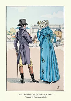 1800s Fashion Gallery: Young couple waiting for coach on Place de la Concorde, 1800s