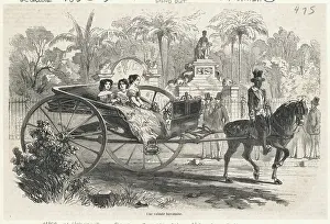 Town Scene Prints: Young Cuban Damsels Traveling by Carriage Alongside Pedestrians