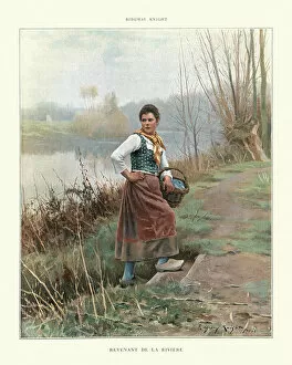 Young French peasant woman, returning from the river, 19th Century