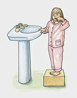 Young girl in pyjamas standing on box next to basin, brushing her teeth