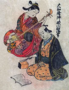 Instrument Prints: Young Lady taking a lesson on a Shamisen