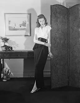 Peplum Prints: Young Lauren Bacall Models Evening Dress