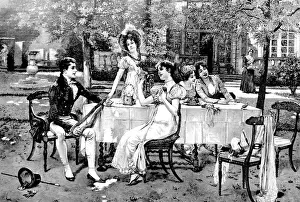 Gartenlaube Prints: Young man sitting at restaurant table outdoor flirting with 4 young women