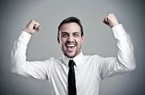 Images Dated 15th August 2012: Young man wearing a shirt and a tie cheering, laughing, success, victory pose