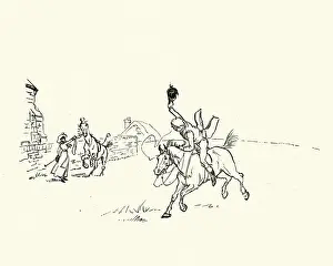 Prints of Vintage illustration of from The Fox Jumps Over the Parsons Gate, by Randolph Caldecott. Young man wildly galloping passed on his horse Randolph Caldecott (1846-1886) Illustrations Prints: Young man wildly galloping passed on his horse, Victorian