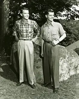 Plaid Prints: Two young men standing outdoors, (B&W)