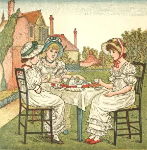 Images Dated 9th December 2016: Three young Regency style ladies taking tea in a garden