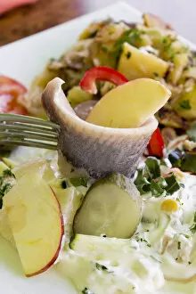 Images Dated 26th May 2012: Young salted herring with yoghurt dressing, fruit and potatoes