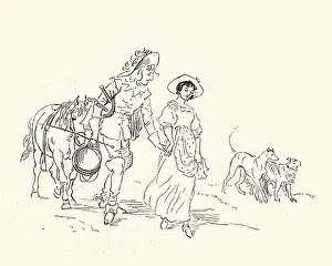 Prints of Vintage illustration of by Randolph Caldecott from the Nursery Rhyme, The Milkmaid. The young Squire flirting with the Milkmaid Whimsical nursery rhyme artworks curated to evoke a sense of wonder and imagination: The young Squire flirting with the Milkmaid
