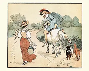 Prints of Vintage illustration of by Randolph Caldecott from the Nursery Rhyme, The Milkmaid. The young Squire and the Milkmaid Whimsical nursery rhyme artworks curated to evoke a sense of wonder and imagination: The young Squire and the Milkmaid, Nursery Rhyme