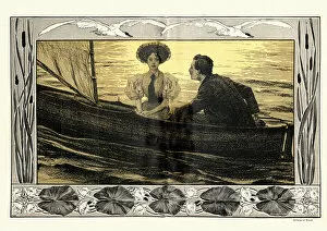 Art Nouveau Gallery: Young Victorian couple in a boat 19th Century, 1890s, Art Nouveau