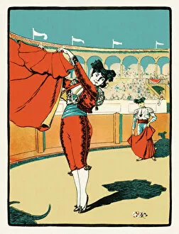 Art Nouveau Gallery: Young woman bullfighter in stadium fighting against bull art nouveau 1897